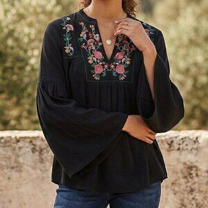 LOFT Black Floral Embroidered Split Neck Bell Sleeve Blouse Size Small